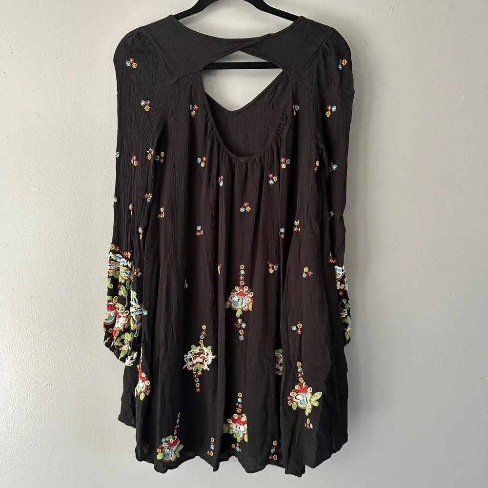 Free People Oxford Floral‎ Embroidered Boho Dress | Black + Floral